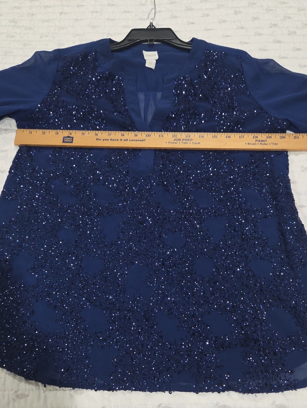 Beautiful Blue Beaded Top By Chicos. V Neck With Sheer Arms & Back, Front Lined. - Picture 8 of 11